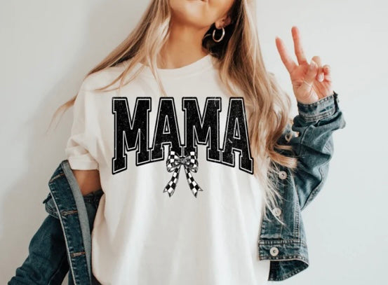Screen Print- Mama- Checkered Varsity Font w/ Coquette Bow (Black)