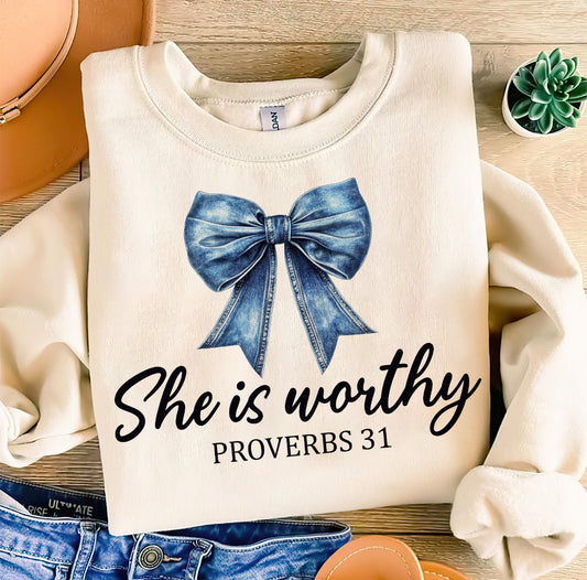 DTF- She is Worthy- Denim Croquette