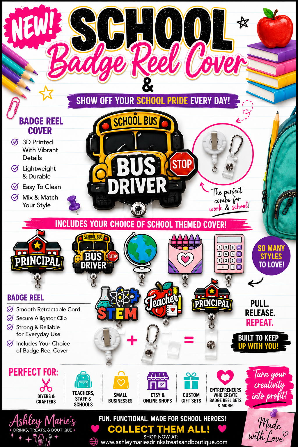 3D Badge Covers (Reel Not Included) - School Themed