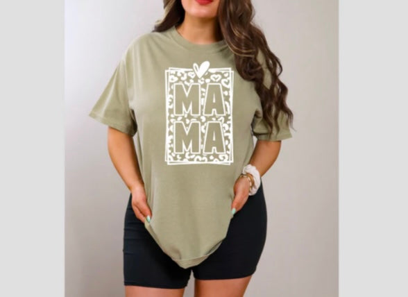 Screen Print- Mama- Cheetah & Hearts Square (white)