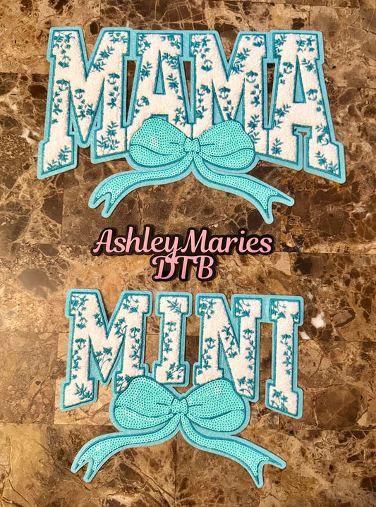 Aqua Mama and Mini Floral Chenille Patch