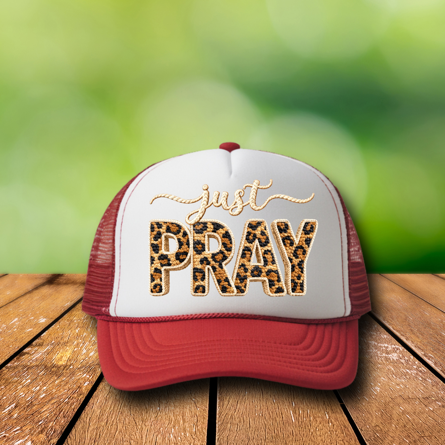 DTF Hat Patch/ Pocket -Just Pray Faux Yarn Leopard