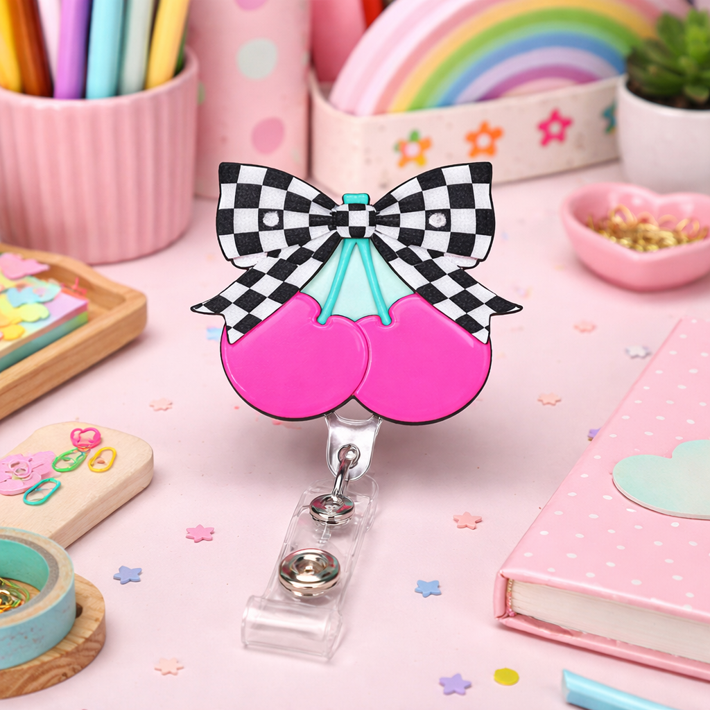 3D Badge Cover (Reel Not Included) - Race Checkered Cherries