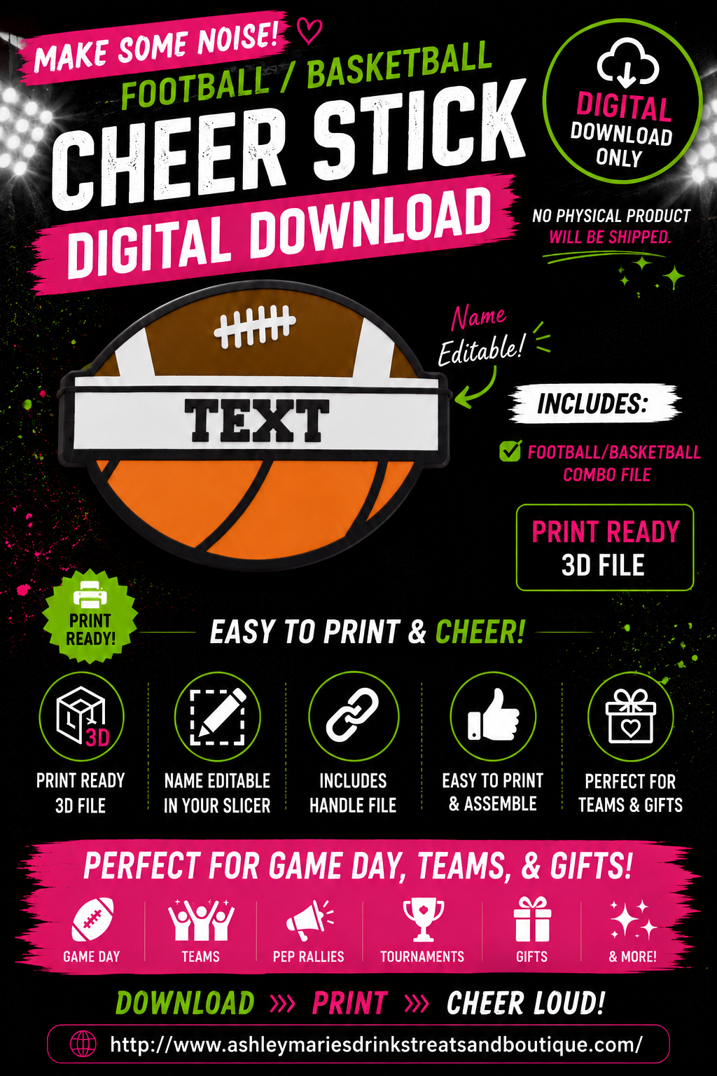 Football/Basketball Combo Cheer Stick Digital Download | Print-Ready 3D Printable 3MF Files