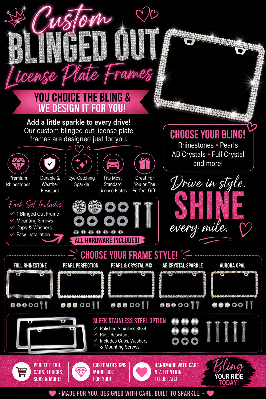 Custom Blinged Out License Plate Frame – Rhinestone, Pearl & Crystal Car Accessory