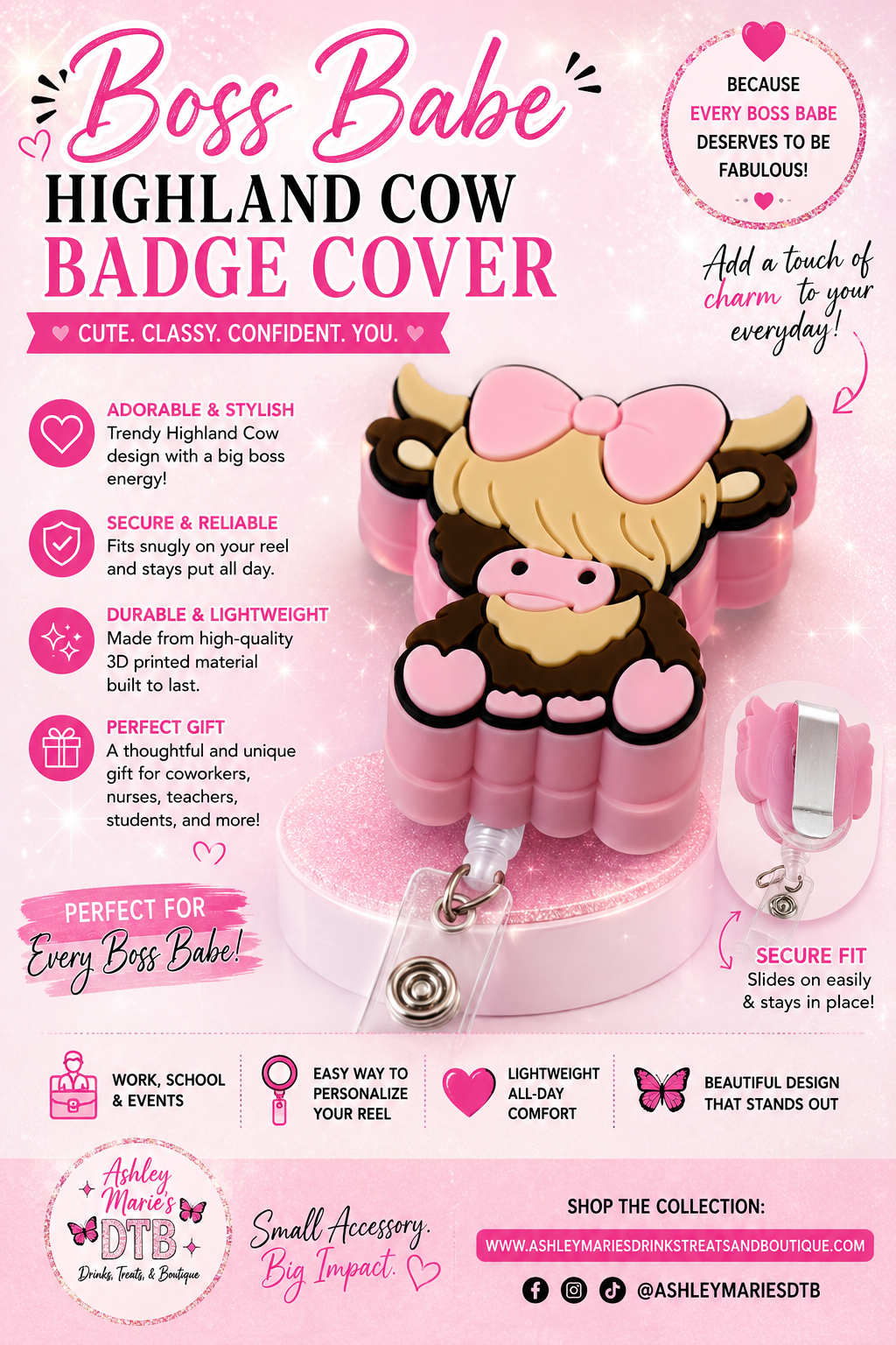 3D Badge Cover (Reel Not Included) - Boss Babe Highland Cow