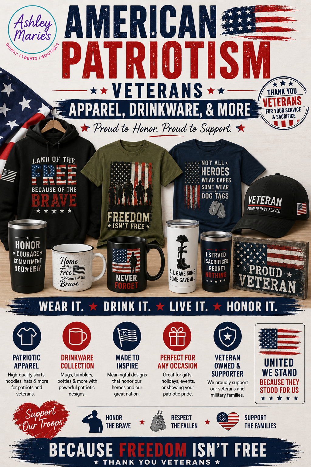 American Patriotism/ Veteran Apparel, Drinkware, & More