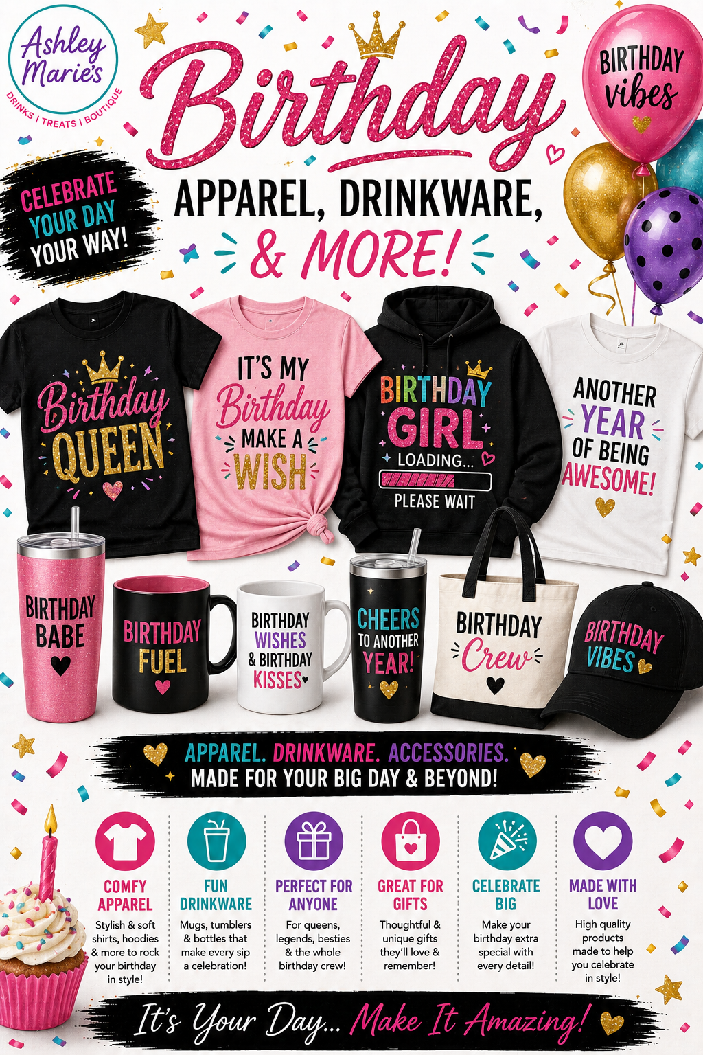 Birthday Apparel, Drinkware, & More