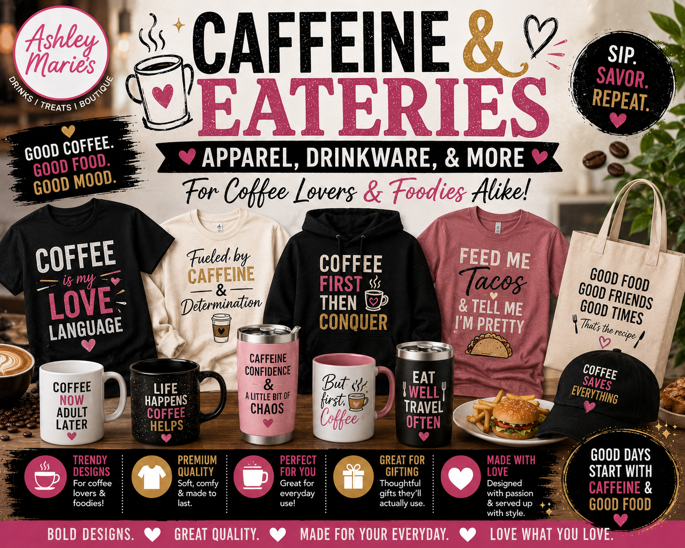 Caffeine & Eateries Apparel, Drinkware, & More