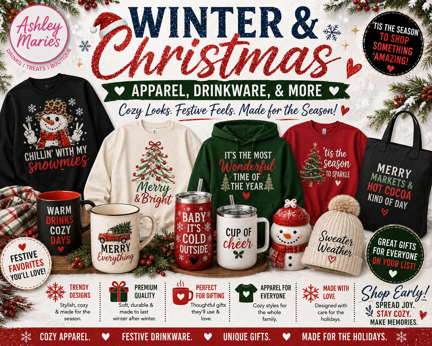 Winter & Christmas Apparel, Drinkware, & More