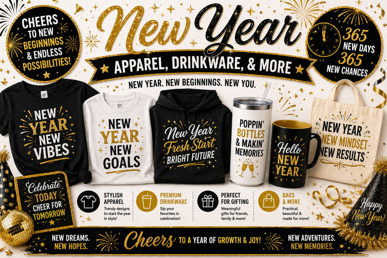 New Year Apparel, Drinkware, & More