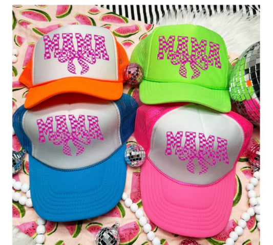 Screen Print- Mama Checkered Bow (Pink)- Hat Patch