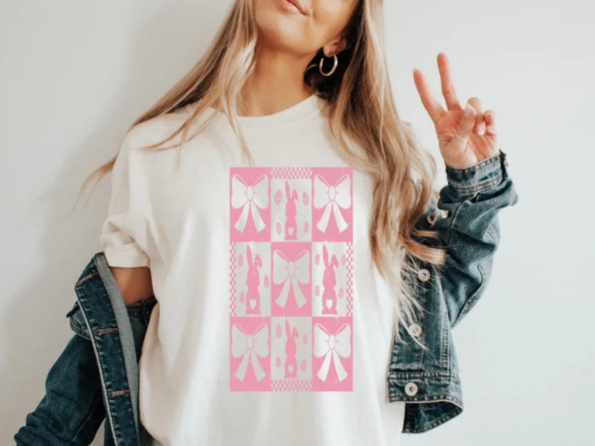 Screen Print- Checkered Bunnies, Easter Eggs, & Bows (Pink)