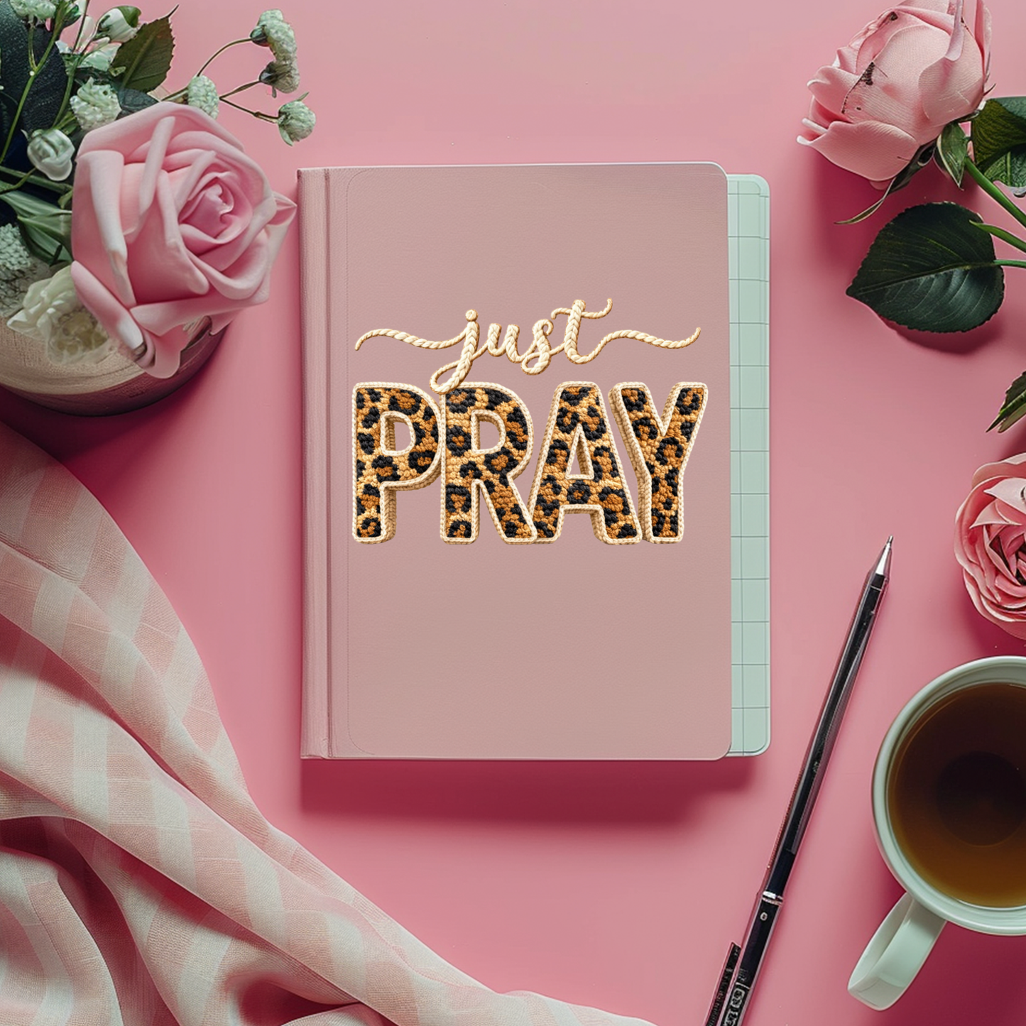 Just Pray Faux Yarn Leopard -UV DTF Journal Cover