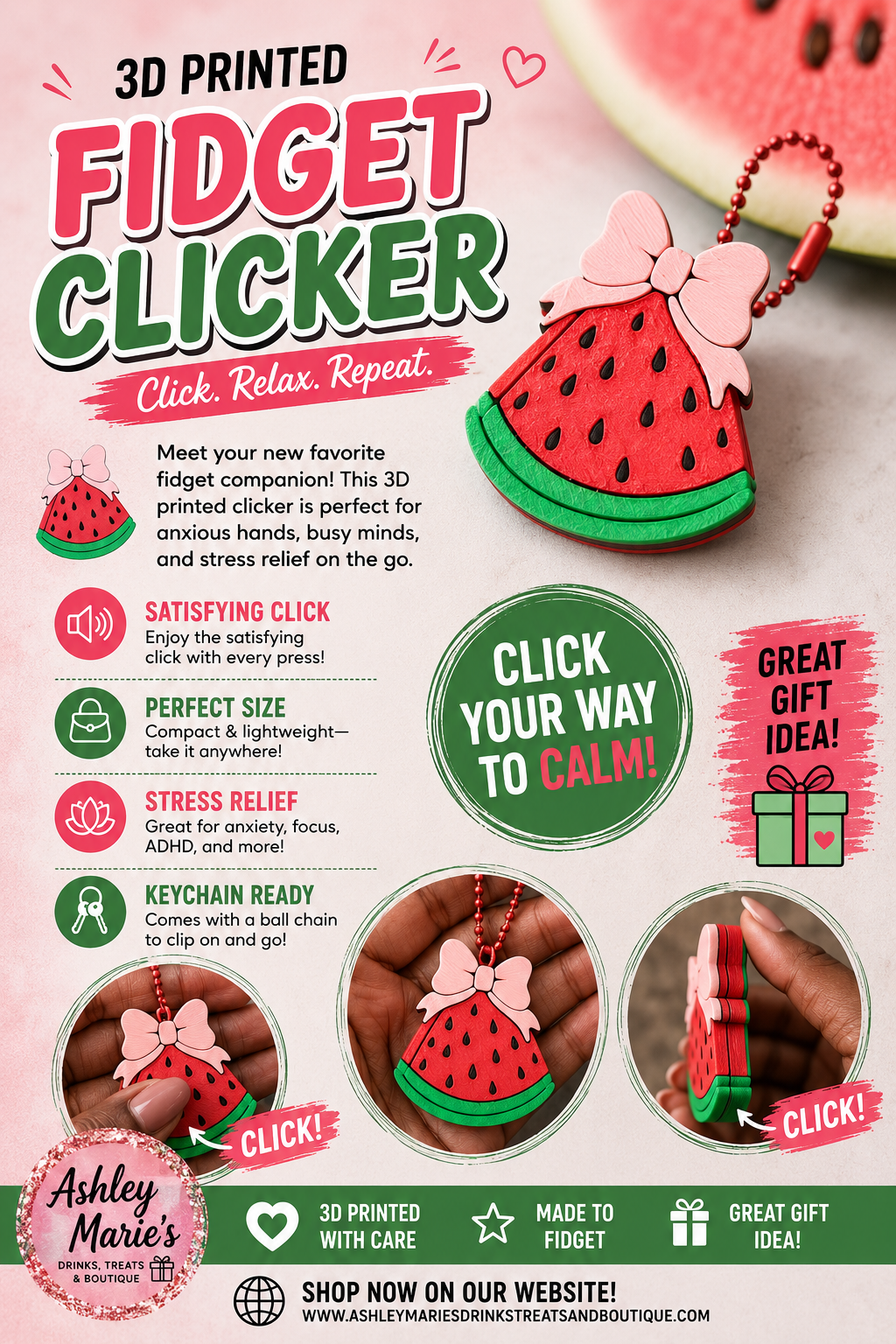 Watermelon Bow- Fidget Clicker 3D Printed