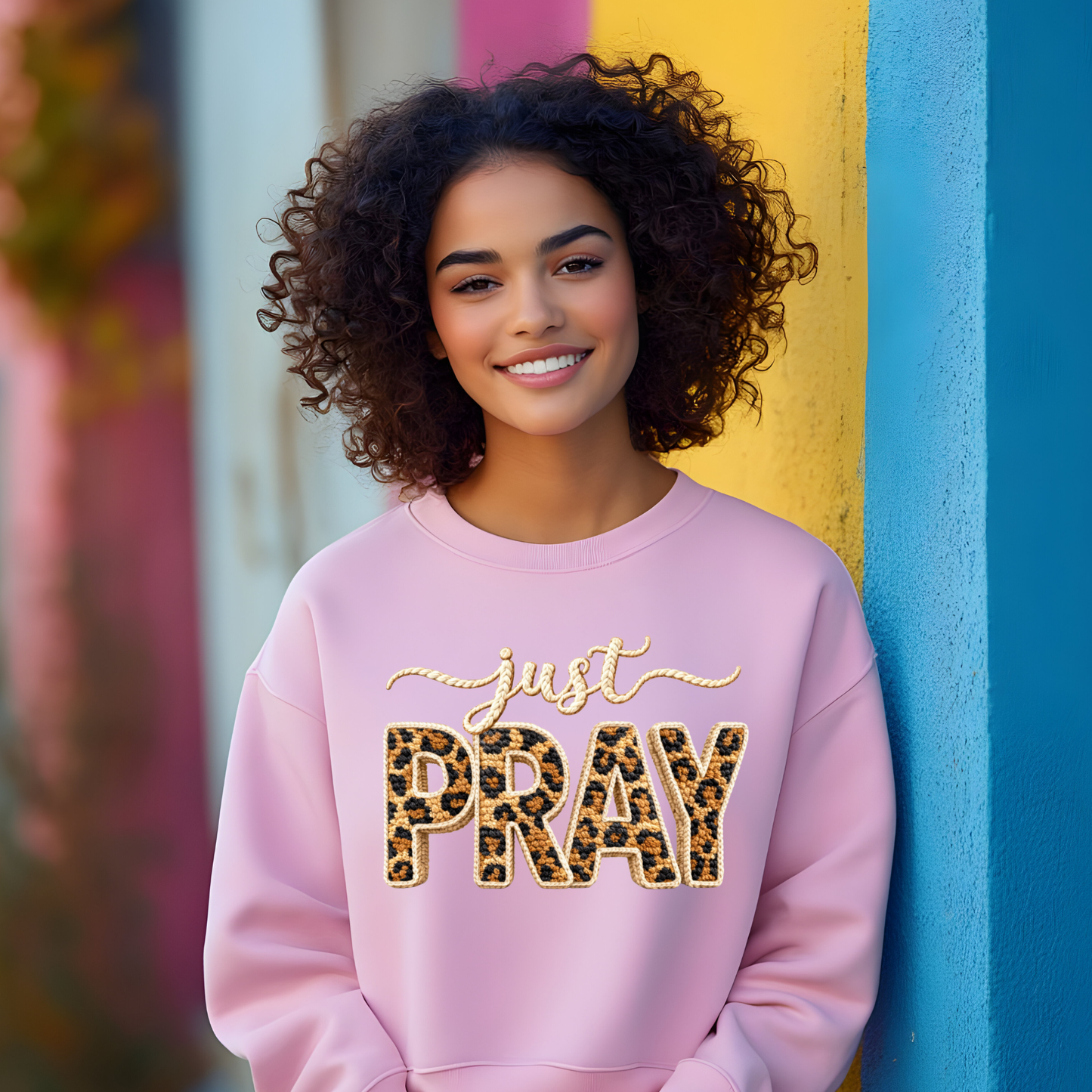 DTF- Just Pray Faux Yarn Leopard