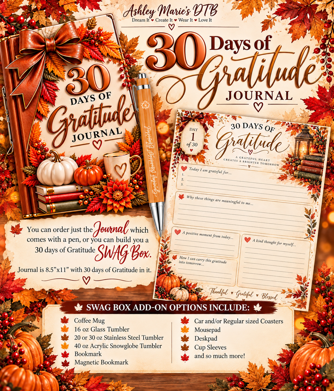 30 Days of Gratitude Journal SWAG Box | Personalized Fall Gift Box & Gratitude Journal Set