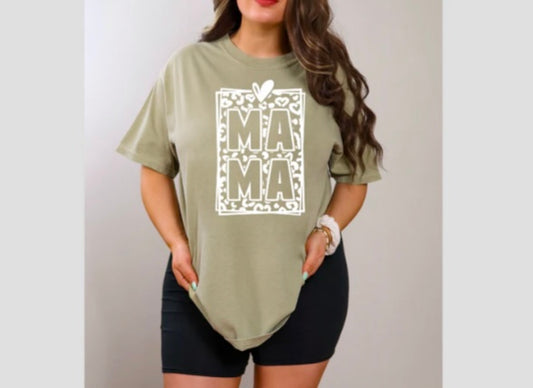 Screen Print- Mama- Cheetah & Hearts Square (white)
