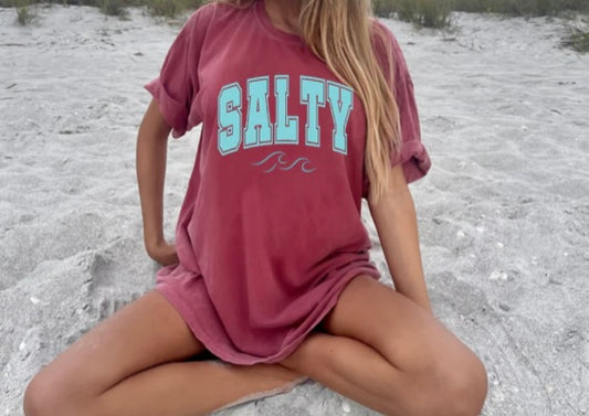 Screen Print-Salty in Varsity Font w/ Waves (Blue)