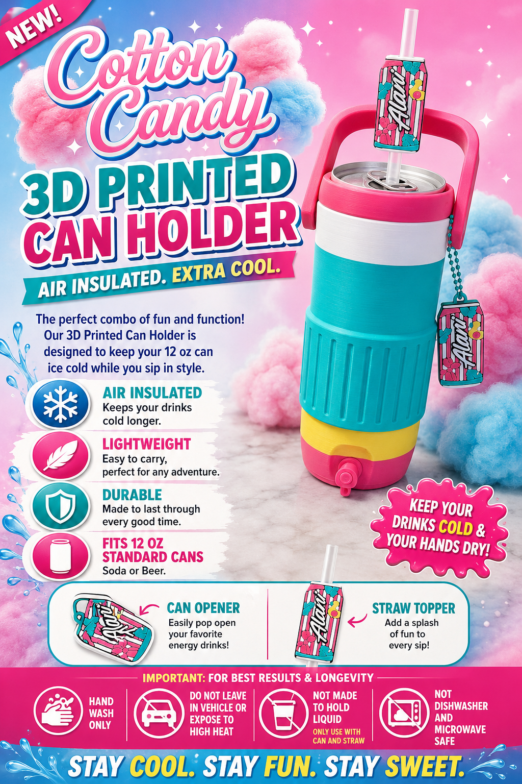 Cotton Candy Energy Drink 3D Printed 16 oz Skinny Can Holder Bundle | Can Holder, Can Opener & Straw Topper