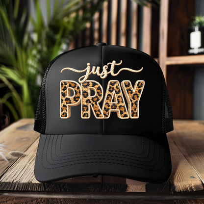 DTF Hat Patch/ Pocket -Just Pray Faux Yarn Leopard