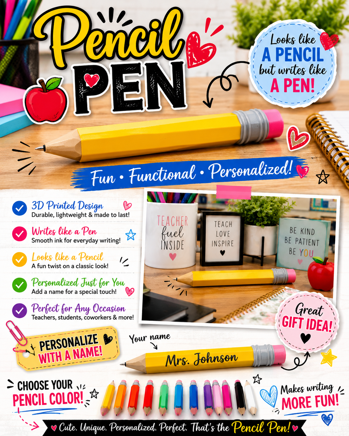 Personalized 3D Printed Pencil Pen | Custom Teacher Gift, Classroom Pen, Novelty Writing Pen