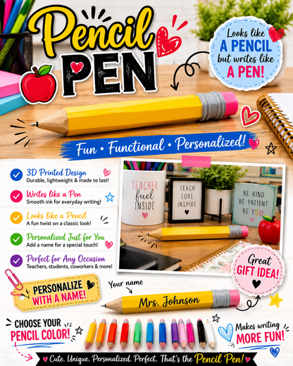 Personalized 3D Printed Pencil Pen | Custom Teacher Gift, Classroom Pen, Novelty Writing Pen