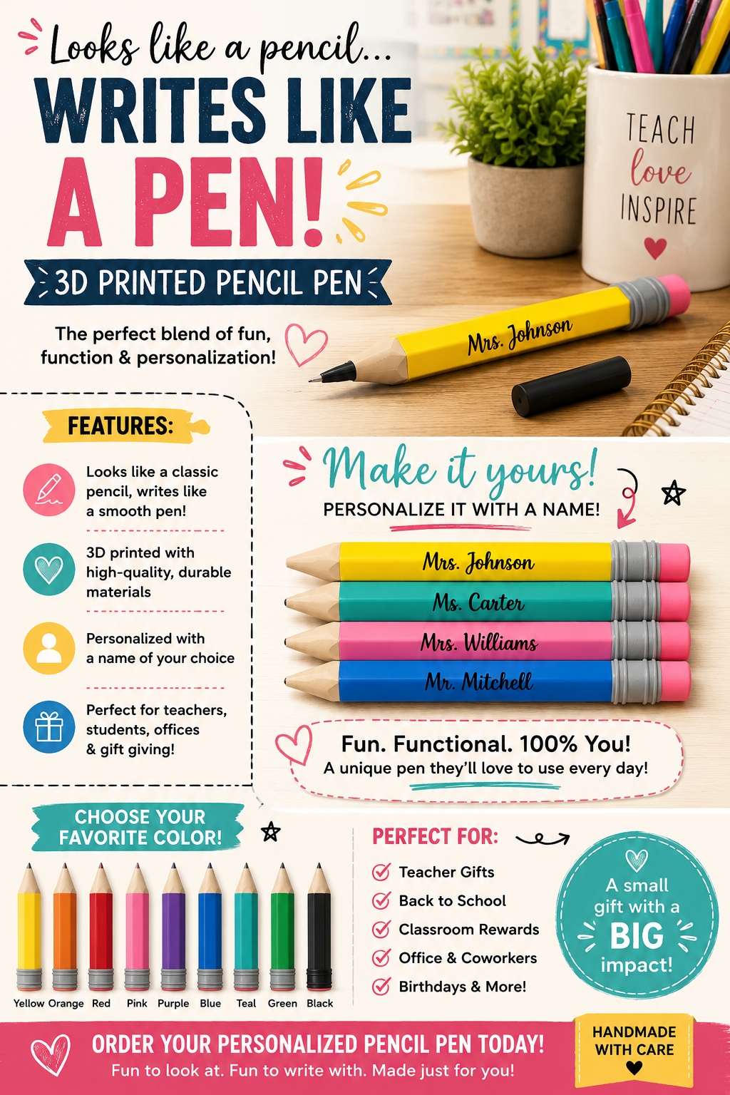 Personalized 3D Printed Pencil Pen | Custom Teacher Gift, Classroom Pen, Novelty Writing Pen