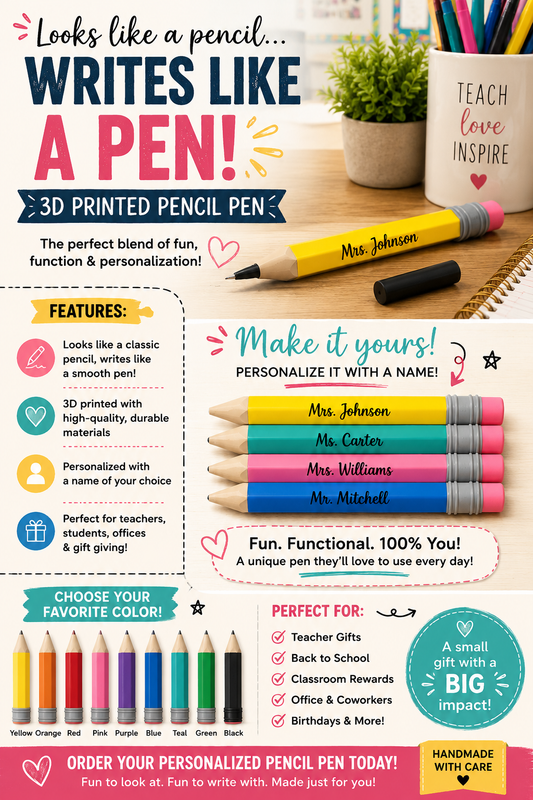 Personalized 3D Printed Pencil Pen | Custom Teacher Gift, Classroom Pen, Novelty Writing Pen