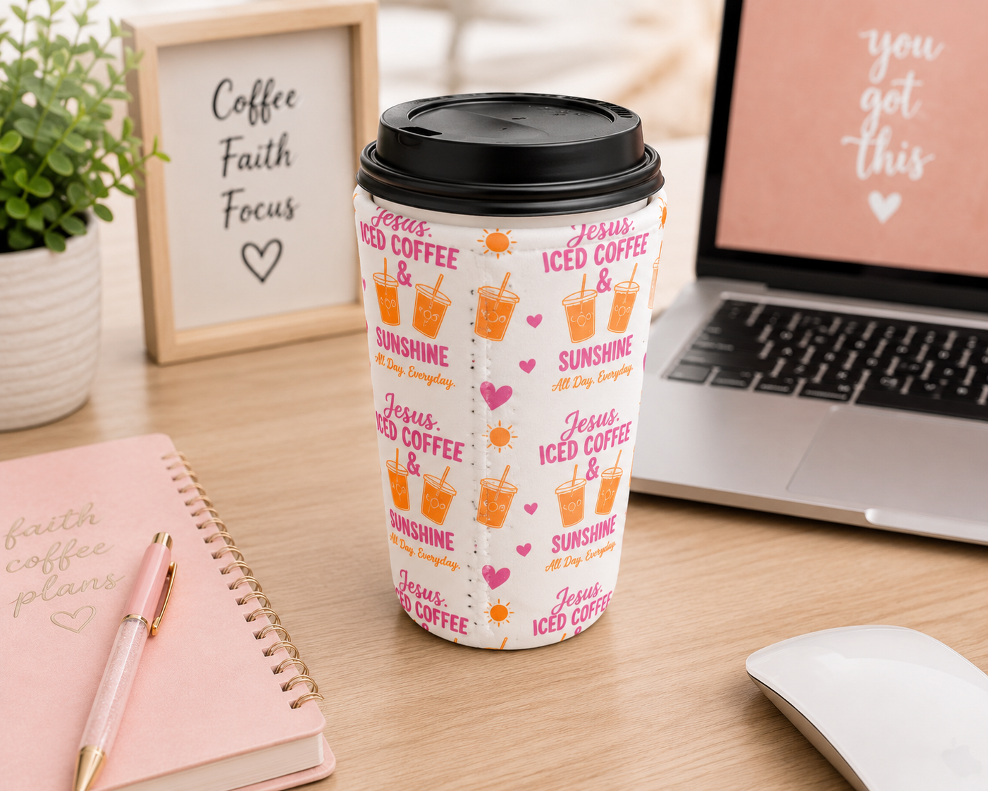 Jesus, Iced Coffee & Sunshine All Day, Everyday Reusable Cup Sleeve