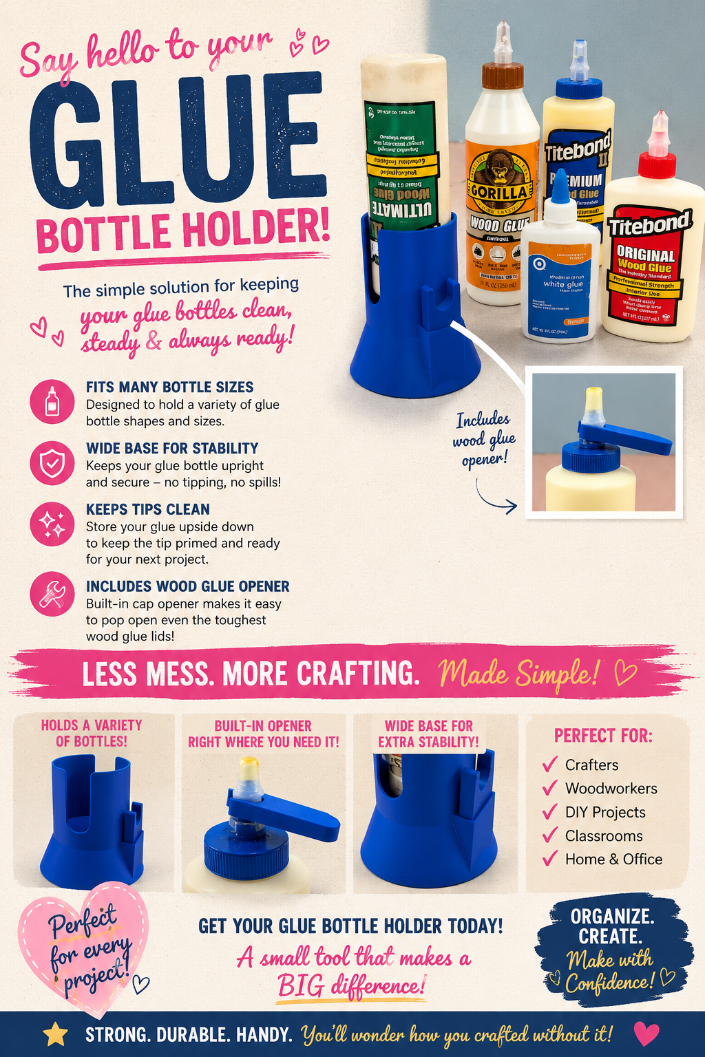 3D Printed Glue Bottle Holder with Built-In Wood Glue Opener