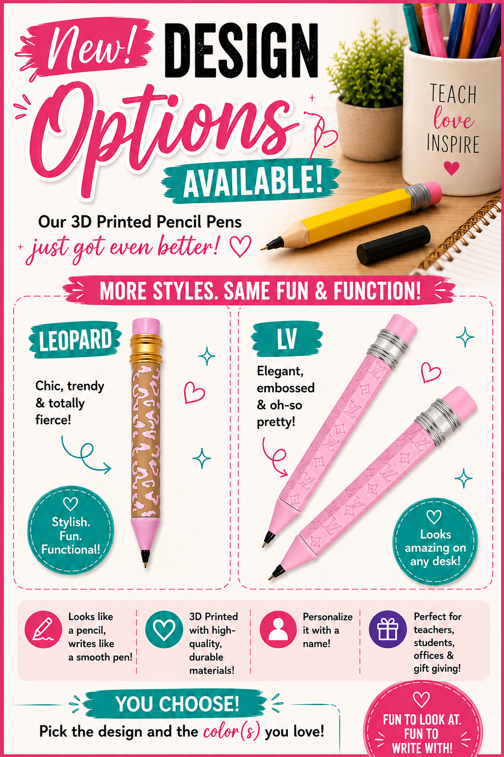 Personalized 3D Printed Pencil Pen | Custom Teacher Gift, Classroom Pen, Novelty Writing Pen