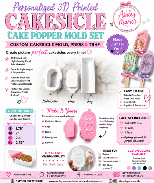 Personalized 3D Printed Cakesicle Cake Popper Mold Set | Custom Cakesicle Mold, Press & Tray
