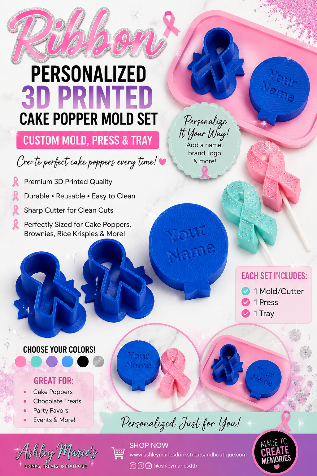 Ribbon Personalized 3D Printed Cake Popper Mold Set | Custom Mold, Press & Tray