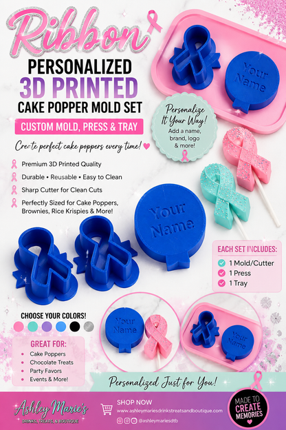 Ribbon Personalized 3D Printed Cake Popper Mold Set | Custom Mold, Press & Tray