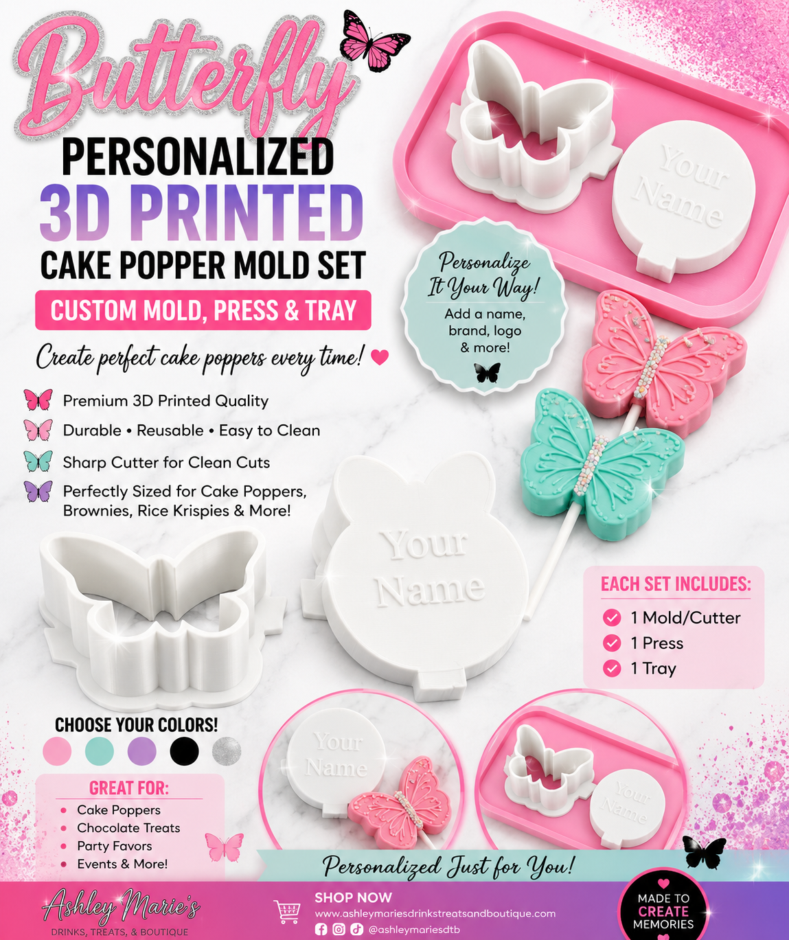 Butterfly Personalized 3D Printed Cake Popper Mold Set | Custom Mold, Press & Tray