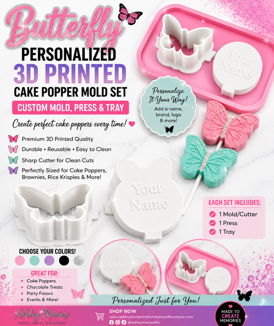 Butterfly Personalized 3D Printed Cake Popper Mold Set | Custom Mold, Press & Tray