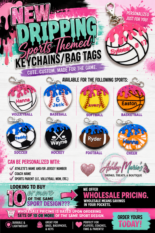 Personalized Dripping Sports-Themed Keychains & Bag Tags | Custom 3D Printed Sports Bag Tags for Athletes, Coaches & Sports Parents