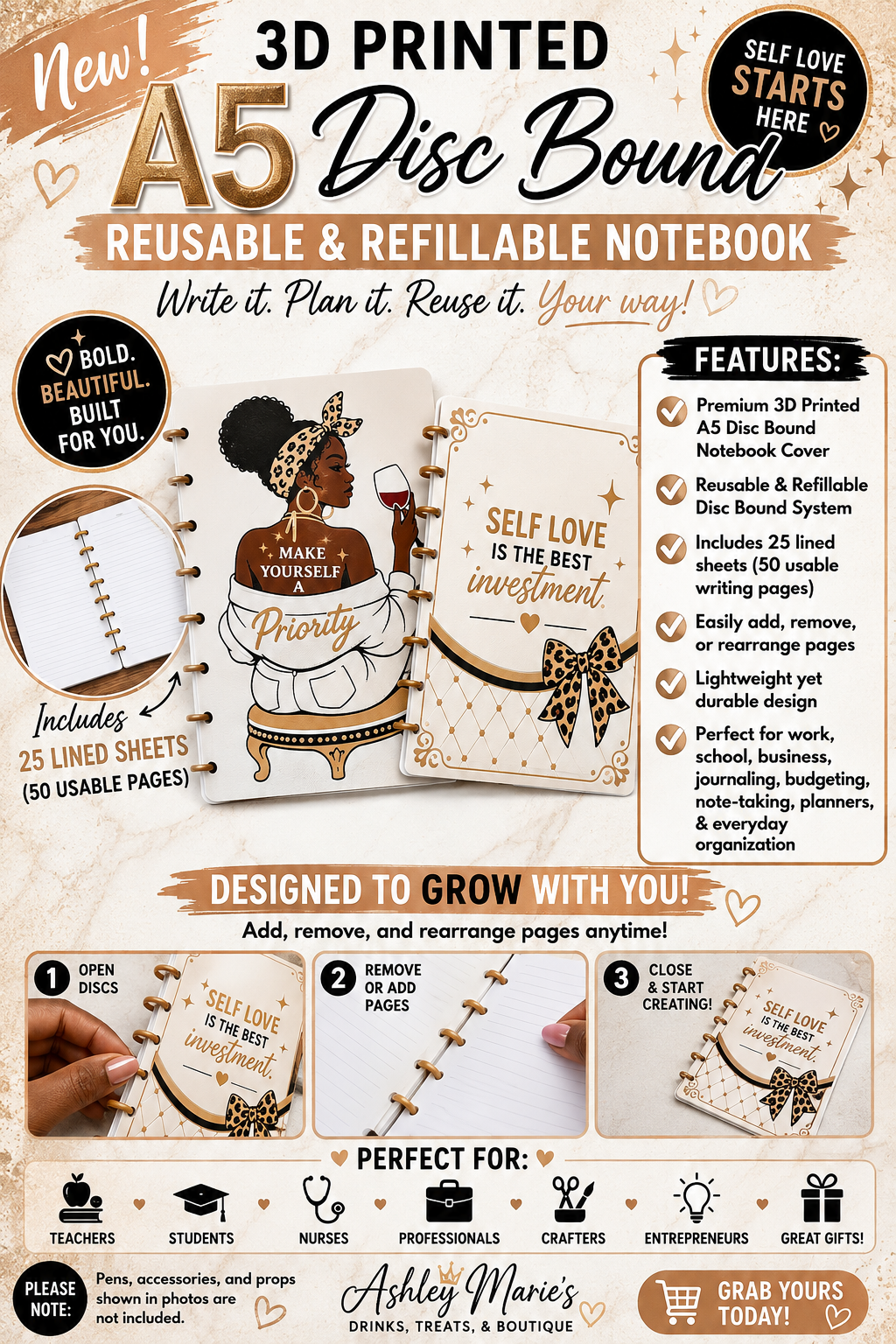 Self Love Investment - 3D Printed A5 Disc Bound Reusable & Refillable Notebook