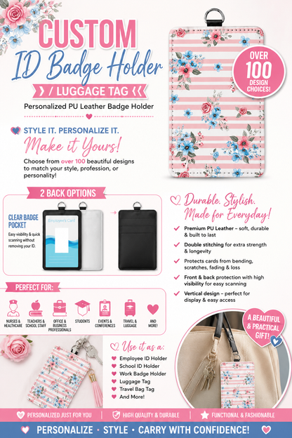 Custom ID Badge Holder / Luggage Tag – Personalized PU Leather Badge Clear Back Holder
