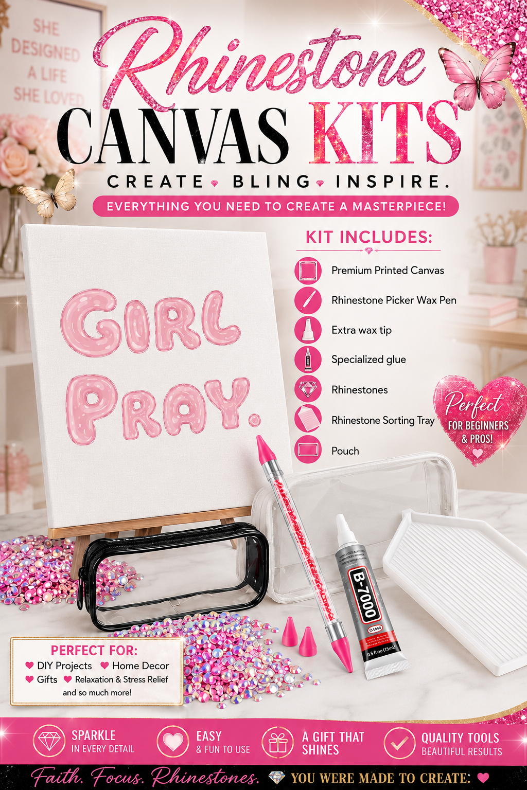 Girl Pray - Bubble Letters- Rhinestone Canvas Kit – DIY Bling Art & Rhinestone Craft Kit