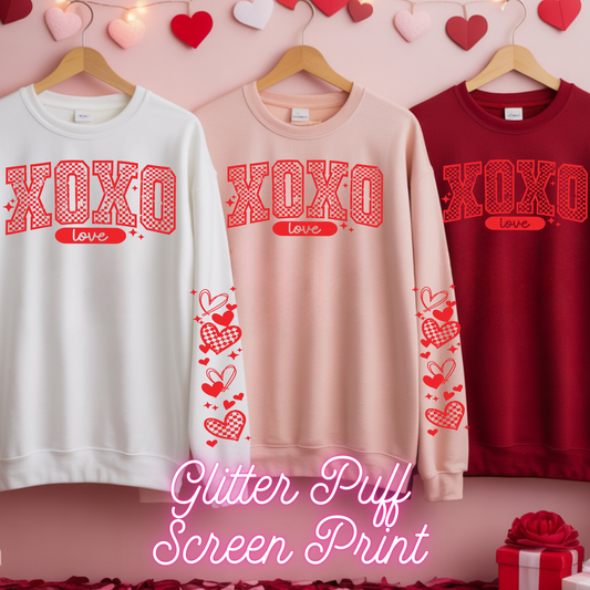 Glitter Puff Screen Print- XOXO Love (Adult w/ double sleeves)