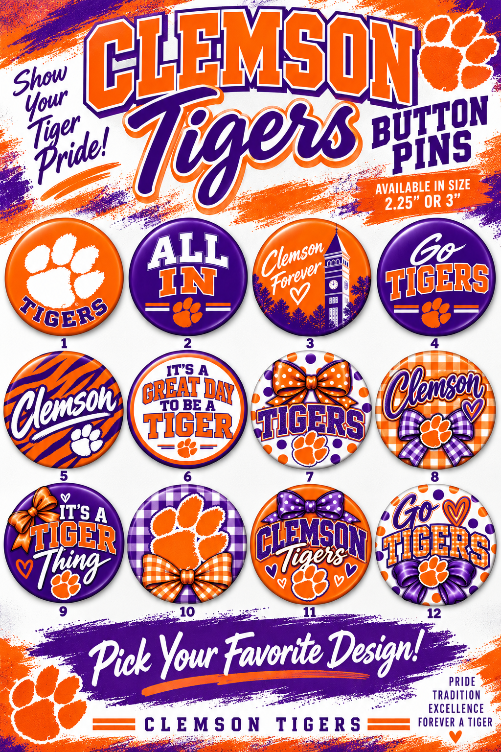 Clemson Tigers Collegiate & School Spirit Button Pins | 2.25” and 3”