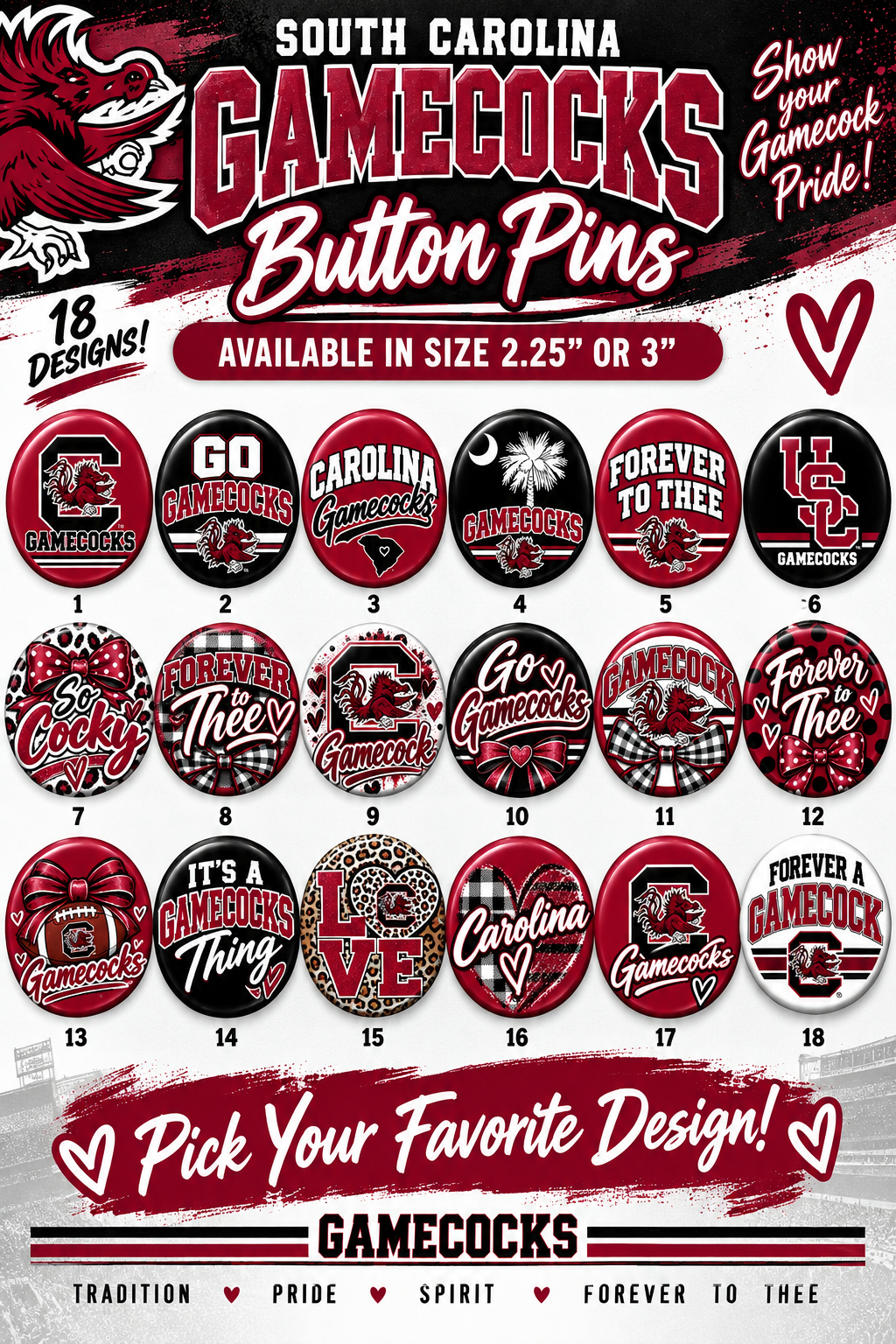 Gamecocks Collegiate & School Spirit Button Pins | 2.25” and 3”