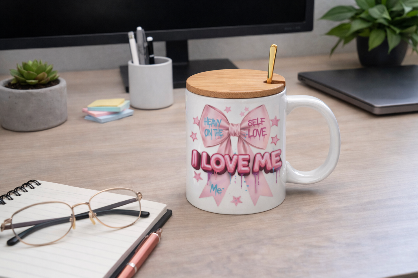 15 oz Custom Sublimation/UV DTF Coffee Mug w/ Bamboo Lid & Spoon